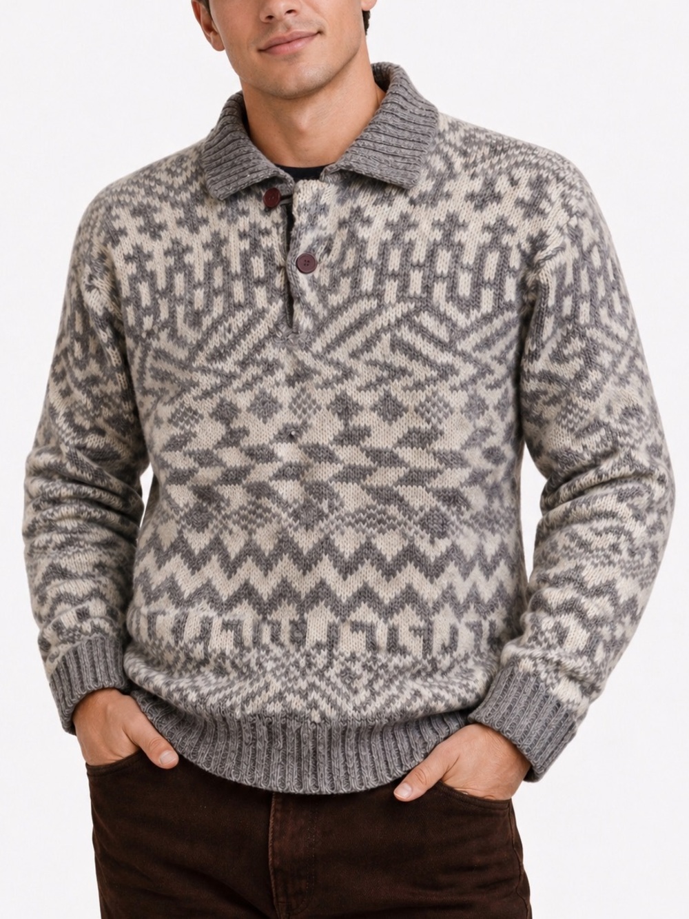 Vintage Boston Trader’s Pale Taupe & Cream Geometric Men's Sweater
